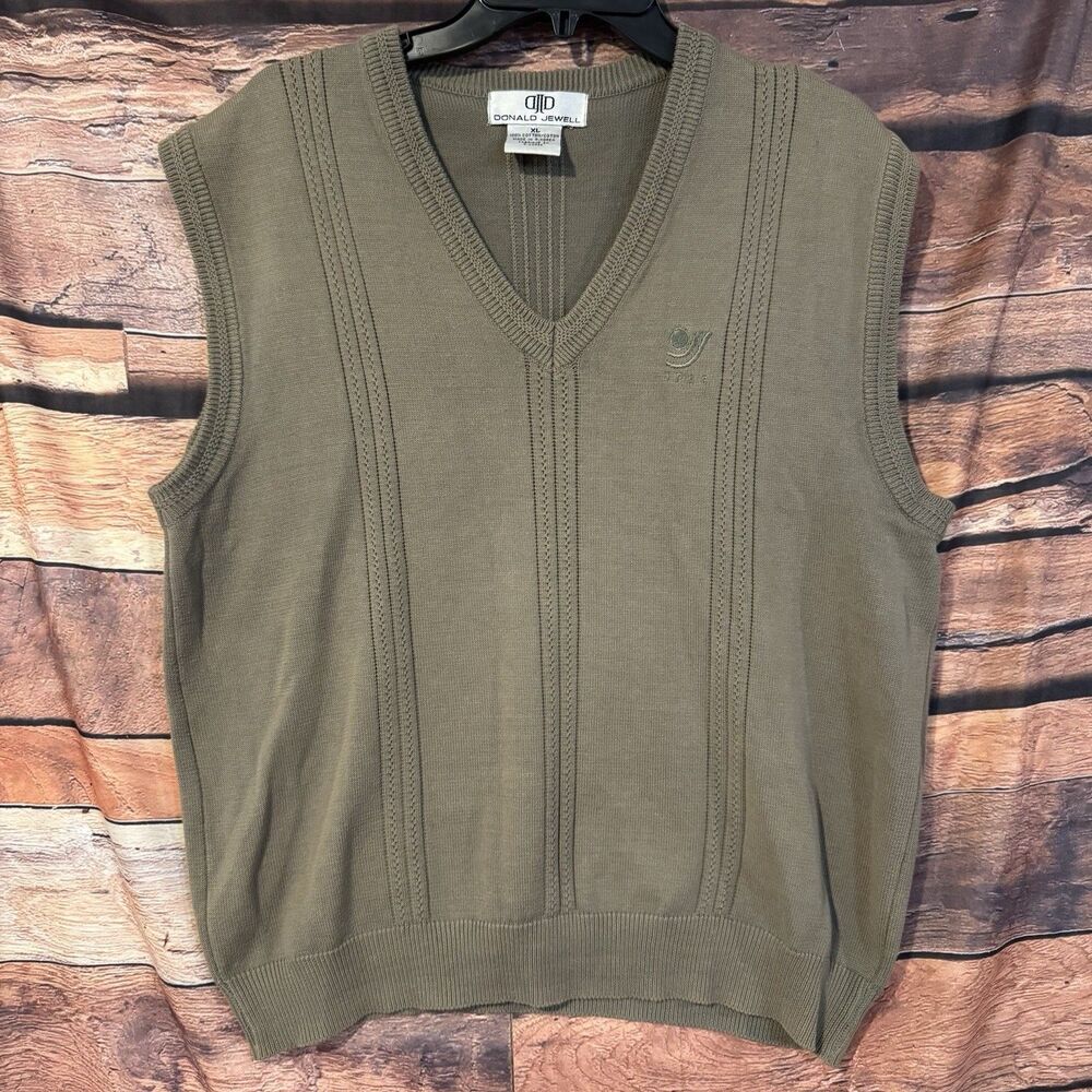 Donald Jewell Mens V-Neck Sweater Vest Olive Green Cable Knit Textured Cotton XL